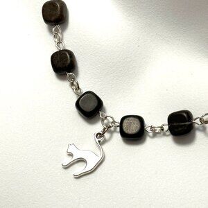 Genuine Black Agate Short Necklace, Gemstone Cube & Cute Slim Cat Pendant